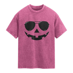 Pumpkin Face Washed Cotton T-Shirt Vintage Jack o Lantern Jackolantern Spooky Season Halloween
