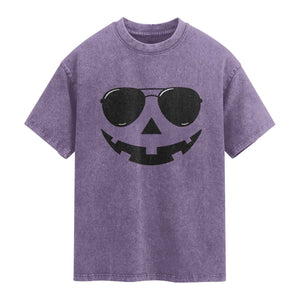 Pumpkin Face Washed Cotton T-Shirt Vintage Jack o Lantern Jackolantern Spooky Season Halloween