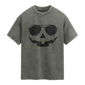 Pumpkin Face Washed Cotton T-Shirt Vintage Jack o Lantern Jackolantern Spooky Season Halloween