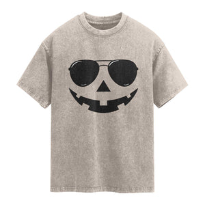 Pumpkin Face Washed Cotton T-Shirt Vintage Jack o Lantern Jackolantern Spooky Season Halloween