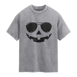 Pumpkin Face Washed Cotton T-Shirt Vintage Jack o Lantern Jackolantern Spooky Season Halloween