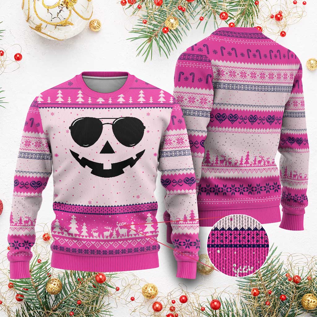 Pumpkin Face Ugly Christmas Sweater Vintage Jack o Lantern Jackolantern Spooky Season Halloween TS10 Hot Pink Print Your Wear