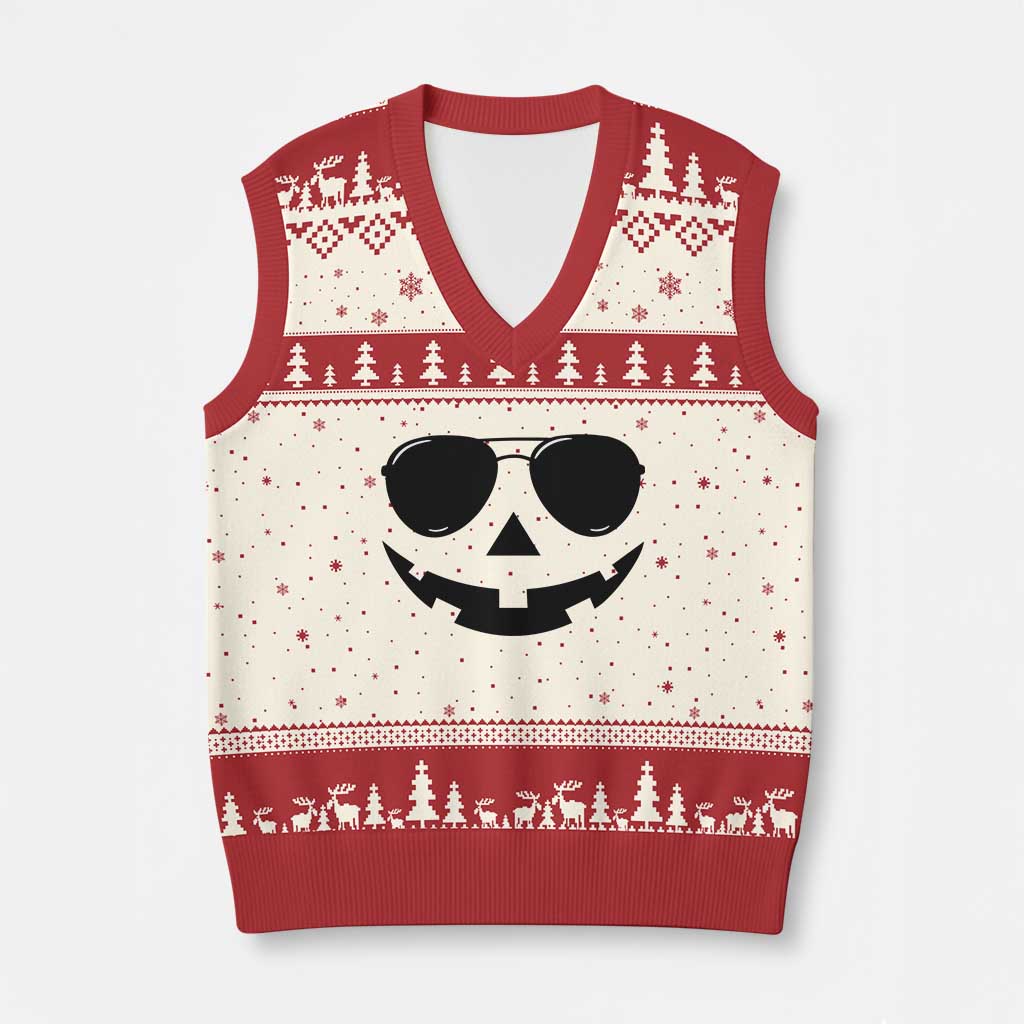 Pumpkin Face V-Neck Knit Sweater Vest Vintage Jack o Lantern Jackolantern Spooky Season Halloween TS10 Beige Red Print Your Wear