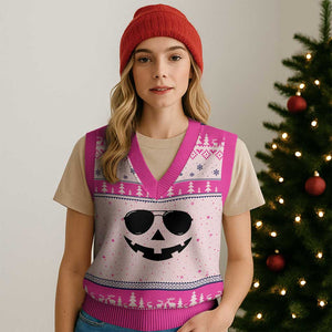Pumpkin Face V-Neck Knit Sweater Vest Vintage Jack o Lantern Jackolantern Spooky Season Halloween TS10 Hot Pink Print Your Wear