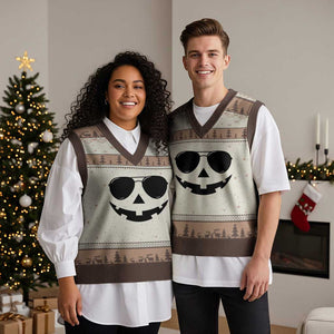Pumpkin Face V-Neck Knit Sweater Vest Vintage Jack o Lantern Jackolantern Spooky Season Halloween TS10 Mocha Mousse Print Your Wear