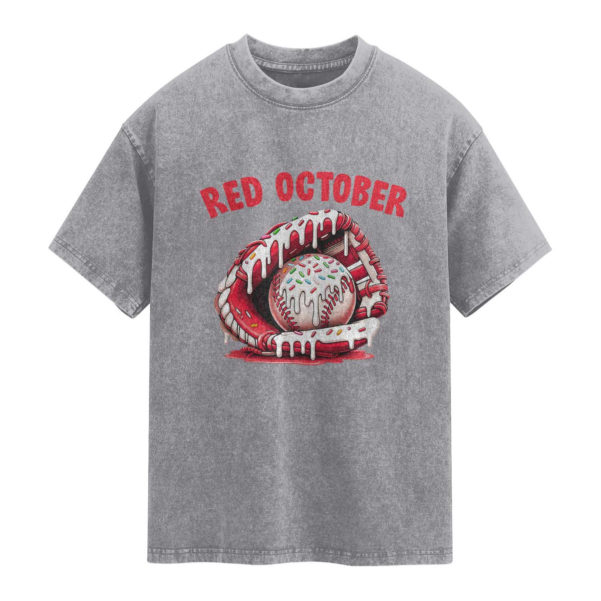 Red October Washed Cotton T-Shirt Baseball Drip Ice Cream Sprinkles Baseball Glove