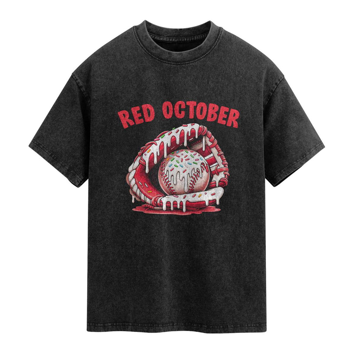Red October Washed Cotton T-Shirt Baseball Drip Ice Cream Sprinkles Baseball Glove