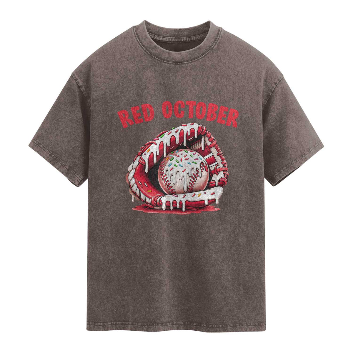 Red October Washed Cotton T-Shirt Baseball Drip Ice Cream Sprinkles Baseball Glove