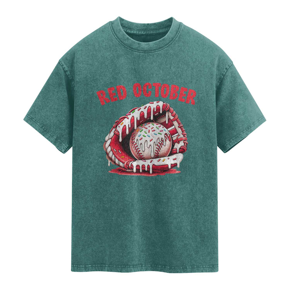 Red October Washed Cotton T-Shirt Baseball Drip Ice Cream Sprinkles Baseball Glove