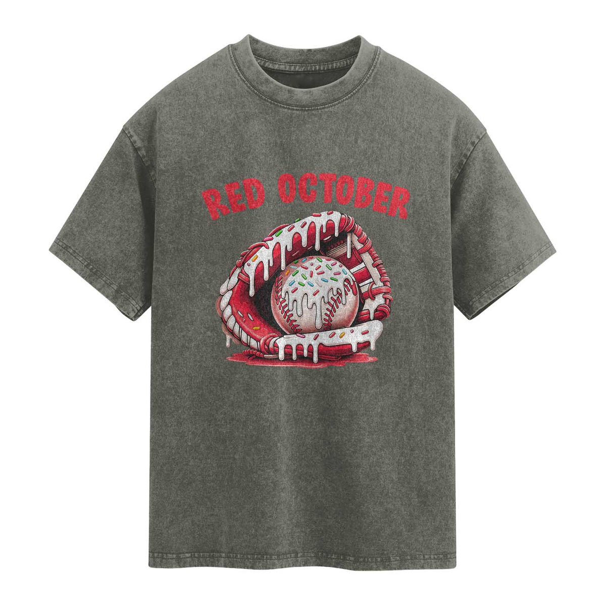 Red October Washed Cotton T-Shirt Baseball Drip Ice Cream Sprinkles Baseball Glove