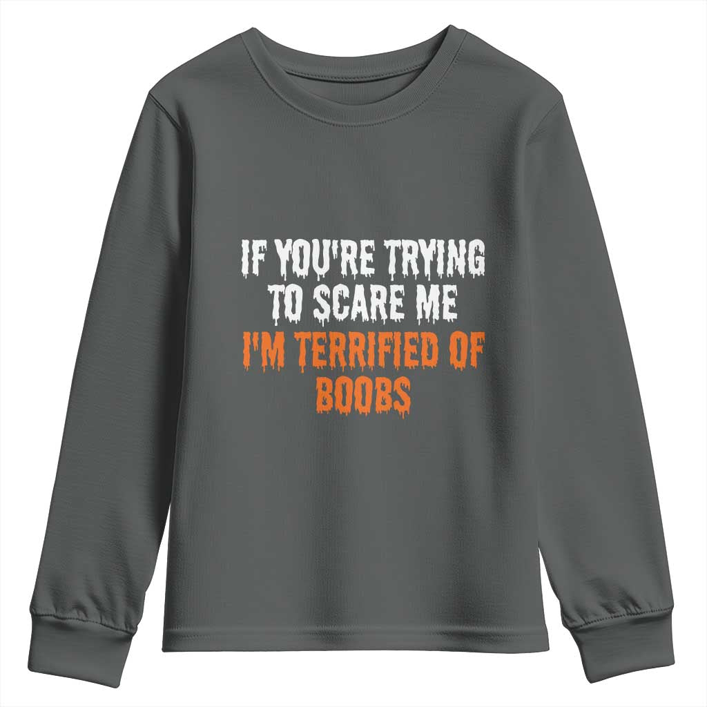 Funny Adult Humor Halloween Youth Sweatshirt If You Are Trying To Scare Me I Am Terrified Of Boobs TS10 Dark Heather Print Your Wear