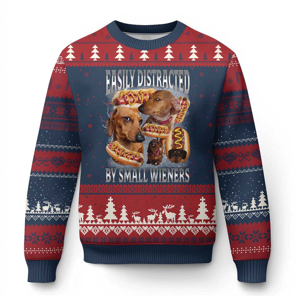 Funny Offensive Dachshund Ugly Christmas Sweater Easily Distracted By Small Wieners Bootleg Meme TS10 Navy Red Print Your Wear