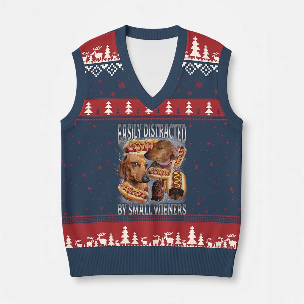 Funny Offensive Dachshund V-Neck Knit Sweater Vest Easily Distracted By Small Wieners Bootleg Meme TS10 Navy Red Print Your Wear