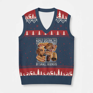 Funny Offensive Dachshund V-Neck Knit Sweater Vest Easily Distracted By Small Wieners Bootleg Meme TS10 Navy Red Print Your Wear