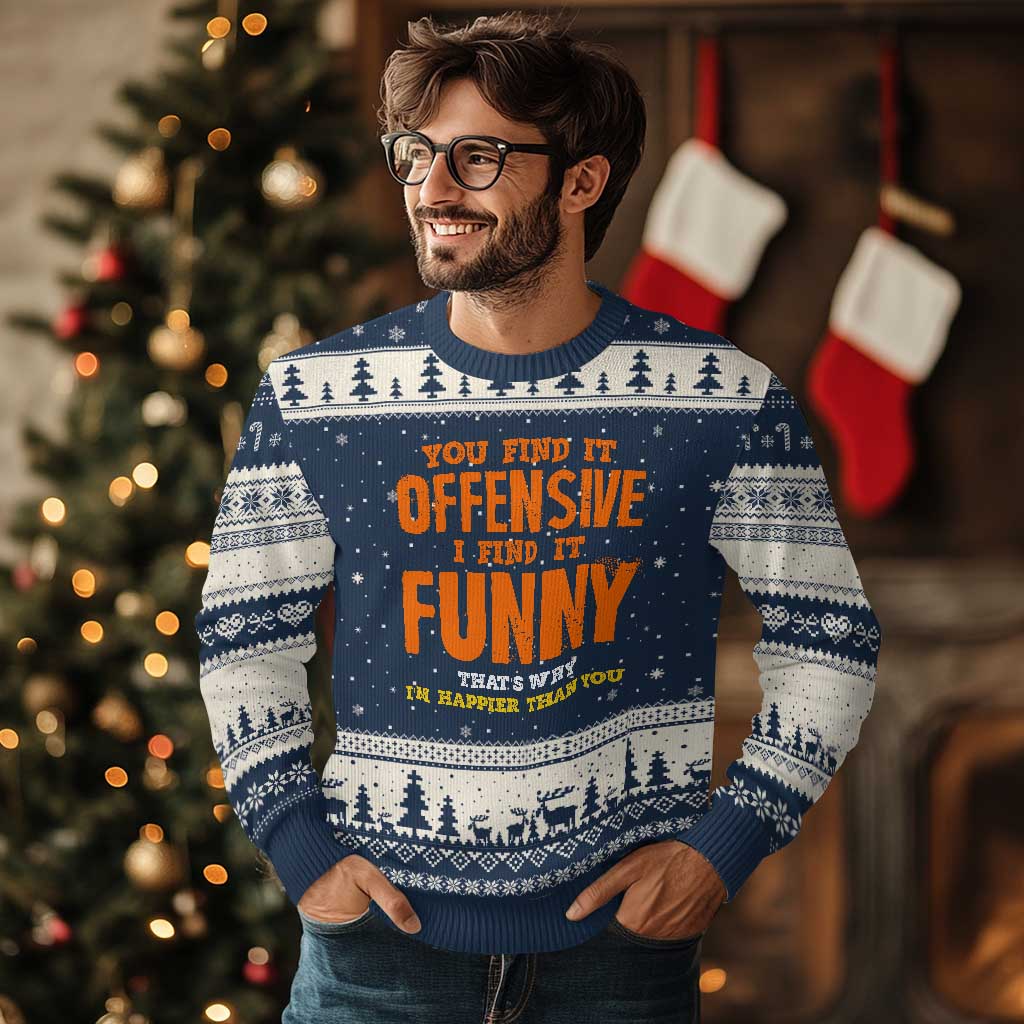 Funny Sarcastic Saying Ugly Christmas Sweater Offensive Happy Feeling Quote TS10 Navy Beige Print Your Wear