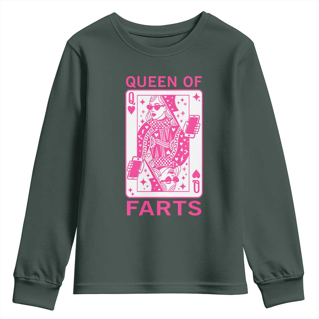 Queen of Farts Youth Sweatshirt Funny Joke Inappropriate Fart Prank Gift TS10 Dark Forest Green Print Your Wear