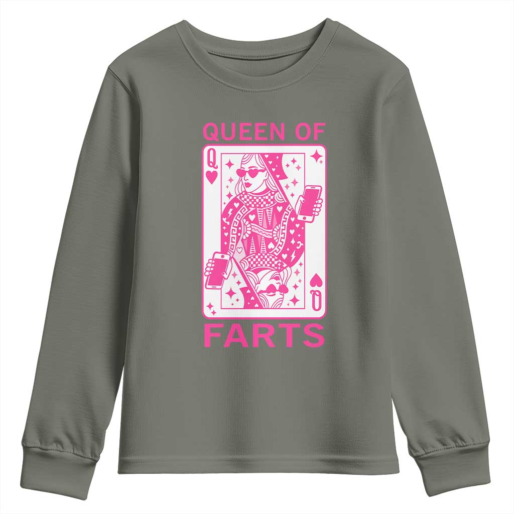 Queen of Farts Youth Sweatshirt Funny Joke Inappropriate Fart Prank Gift TS10 Military Green Print Your Wear