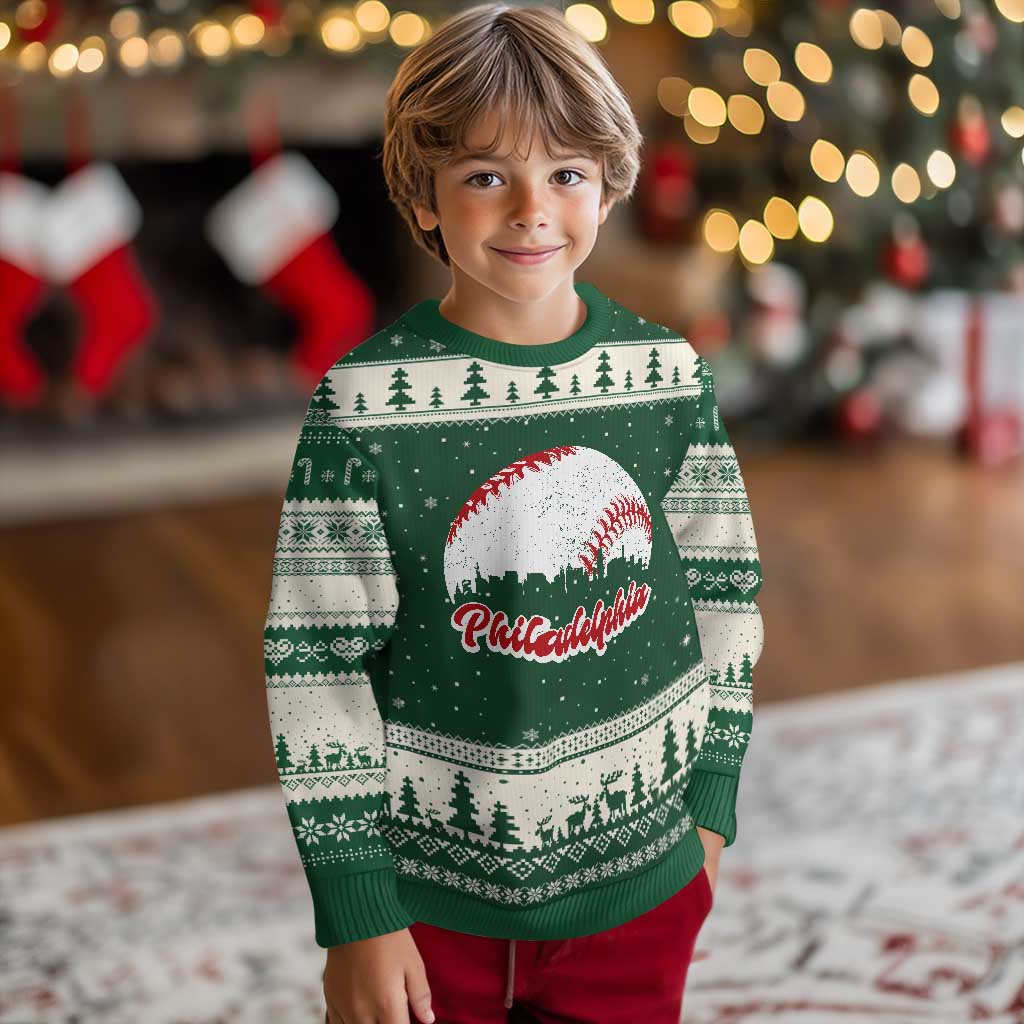 Philadelphia Baseball Ugly Christmas Sweater Vintage Skyline City TS10 Forest Green Beige Print Your Wear