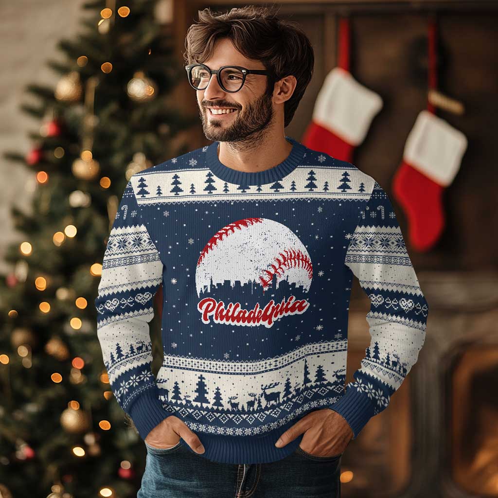 Philadelphia Baseball Ugly Christmas Sweater Vintage Skyline City TS10 Navy Beige Print Your Wear
