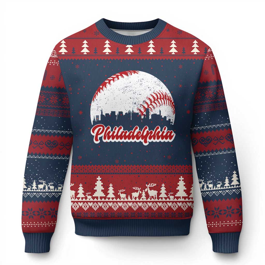 Philadelphia Baseball Ugly Christmas Sweater Vintage Skyline City TS10 Navy Red Print Your Wear
