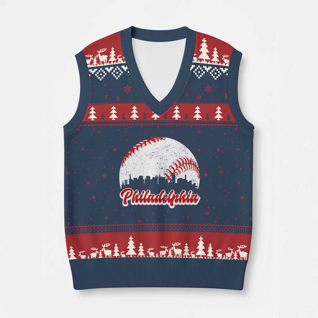 Philadelphia Baseball V-Neck Knit Sweater Vest Vintage Skyline City TS10 Navy Red Print Your Wear