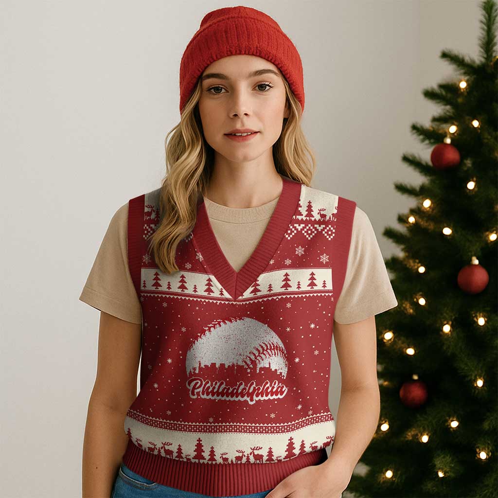 Philadelphia Baseball V-Neck Knit Sweater Vest Vintage Skyline City TS10 Red Beige Print Your Wear