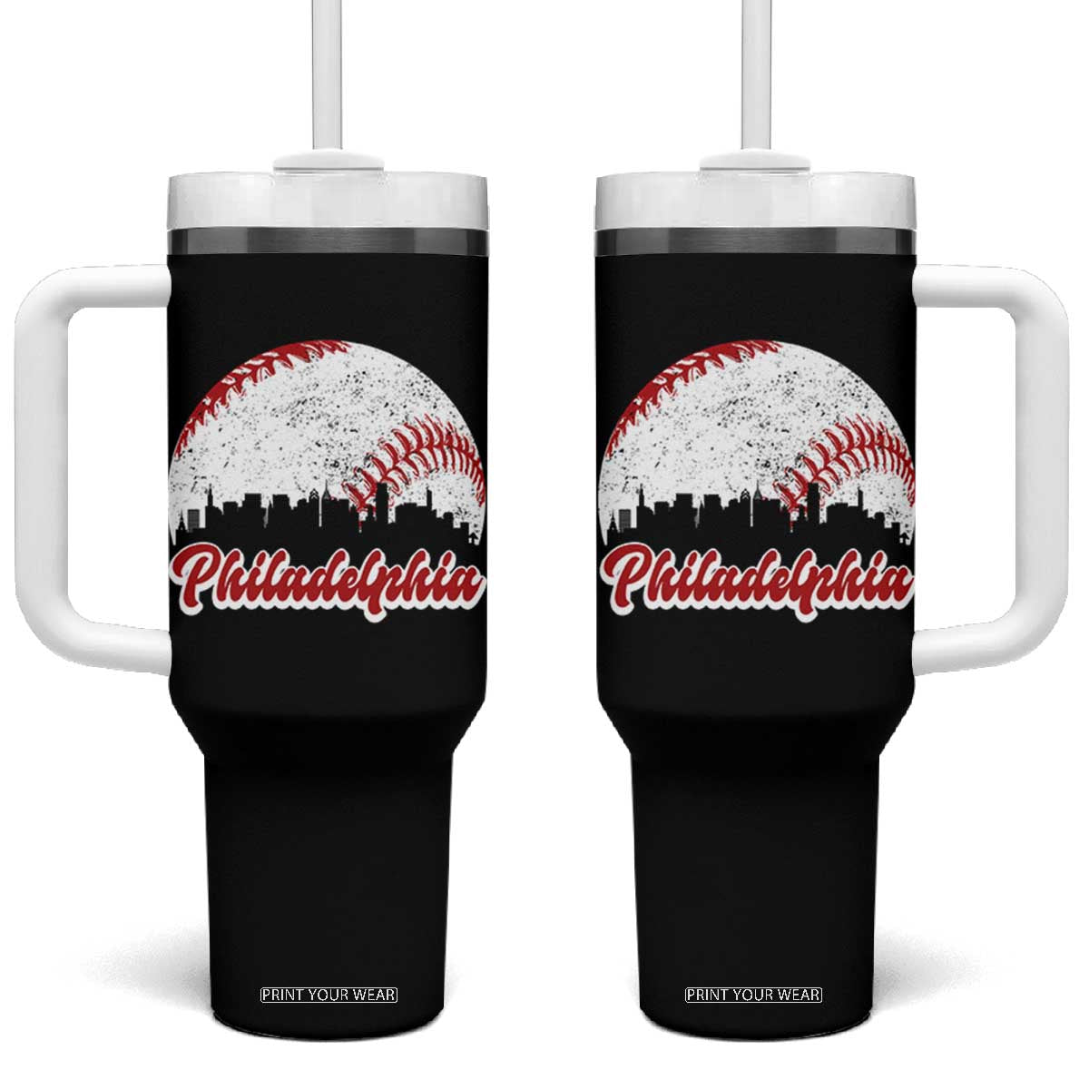 Philadelphia Baseball Tumbler With Handle Vintage Skyline City TS10 One Size: 40 oz Black Print Your Wear