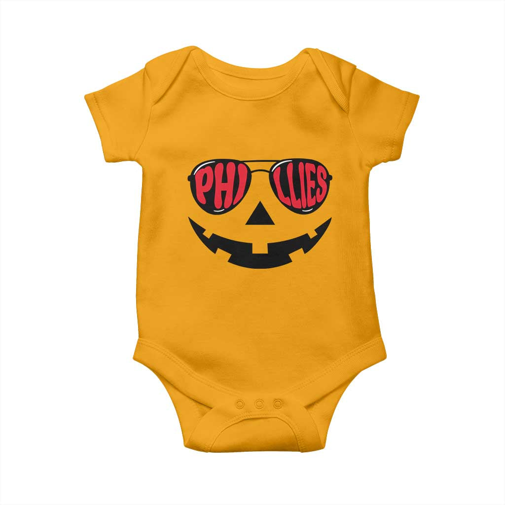 Halloween Phillies Baby Onesie Philadelphia Baseball Red October Jackolantern Pumpkin Face TS10 Gold Print Your Wear