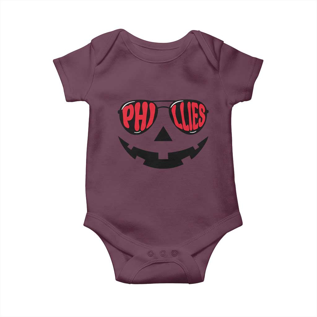 Halloween Phillies Baby Onesie Philadelphia Baseball Red October Jackolantern Pumpkin Face TS10 Maroon Print Your Wear