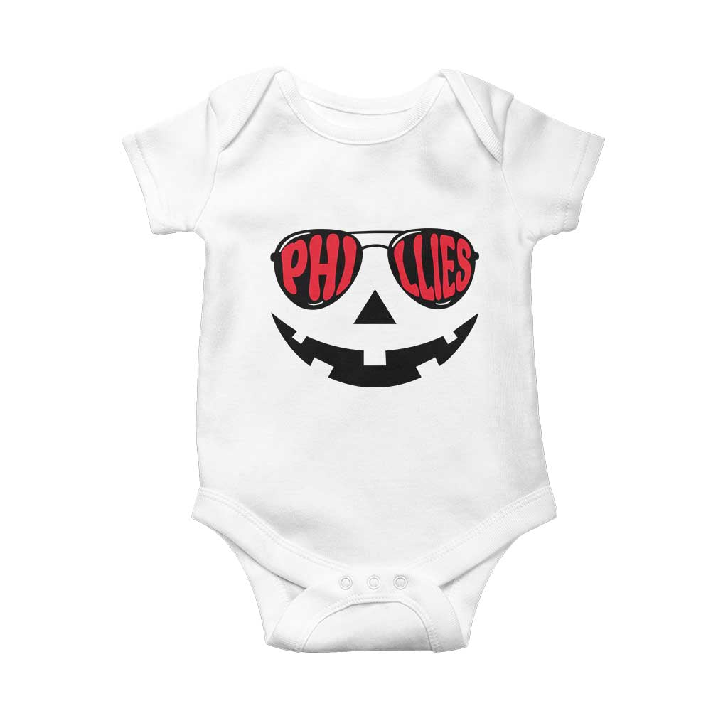 Halloween Phillies Baby Onesie Philadelphia Baseball Red October Jackolantern Pumpkin Face TS10 White Print Your Wear