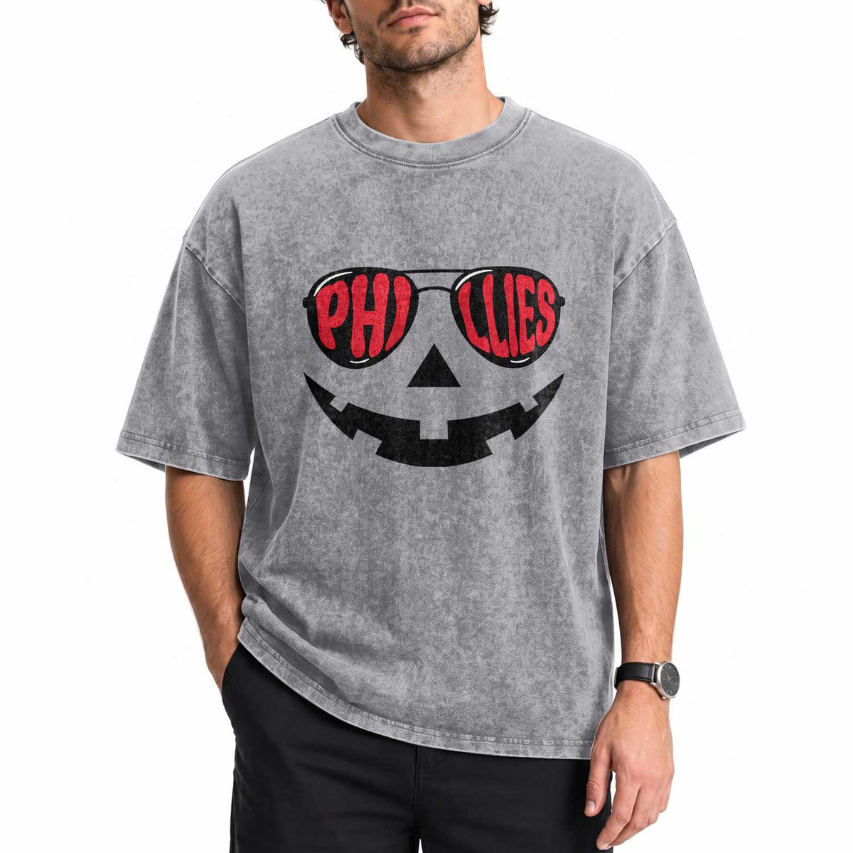 Halloween Philly Washed Cotton T-Shirt Philadelphia Baseball Red October Jackolantern Pumpkin Face