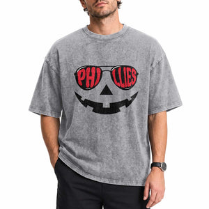 Halloween Philly Washed Cotton T-Shirt Philadelphia Baseball Red October Jackolantern Pumpkin Face