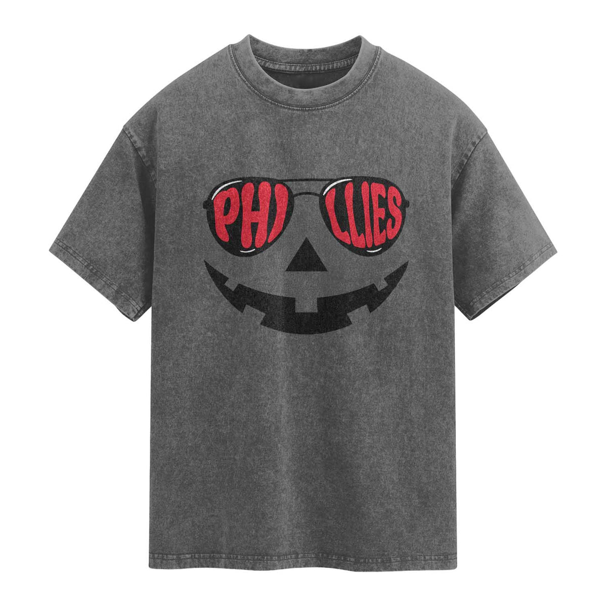 Halloween Philly Washed Cotton T-Shirt Philadelphia Baseball Red October Jackolantern Pumpkin Face