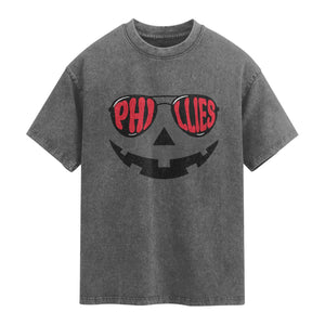 Halloween Philly Washed Cotton T-Shirt Philadelphia Baseball Red October Jackolantern Pumpkin Face