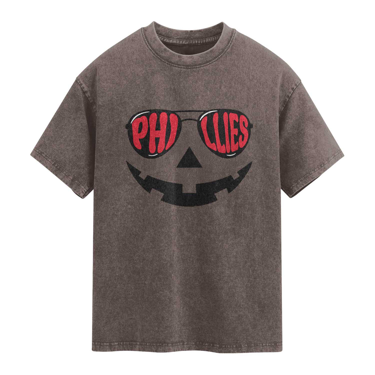 Halloween Philly Washed Cotton T-Shirt Philadelphia Baseball Red October Jackolantern Pumpkin Face