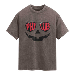Halloween Philly Washed Cotton T-Shirt Philadelphia Baseball Red October Jackolantern Pumpkin Face
