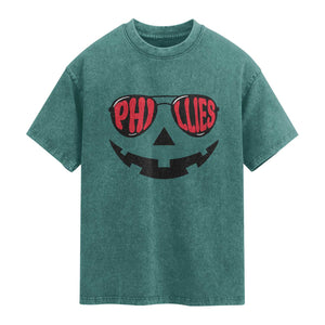 Halloween Philly Washed Cotton T-Shirt Philadelphia Baseball Red October Jackolantern Pumpkin Face