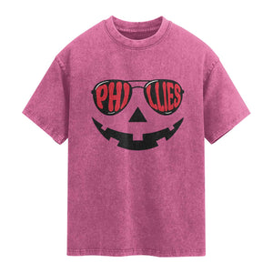 Halloween Philly Washed Cotton T-Shirt Philadelphia Baseball Red October Jackolantern Pumpkin Face