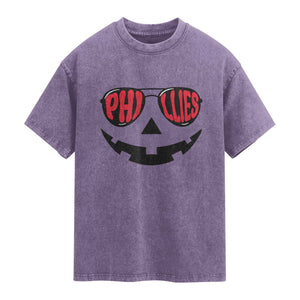 Halloween Philly Washed Cotton T-Shirt Philadelphia Baseball Red October Jackolantern Pumpkin Face