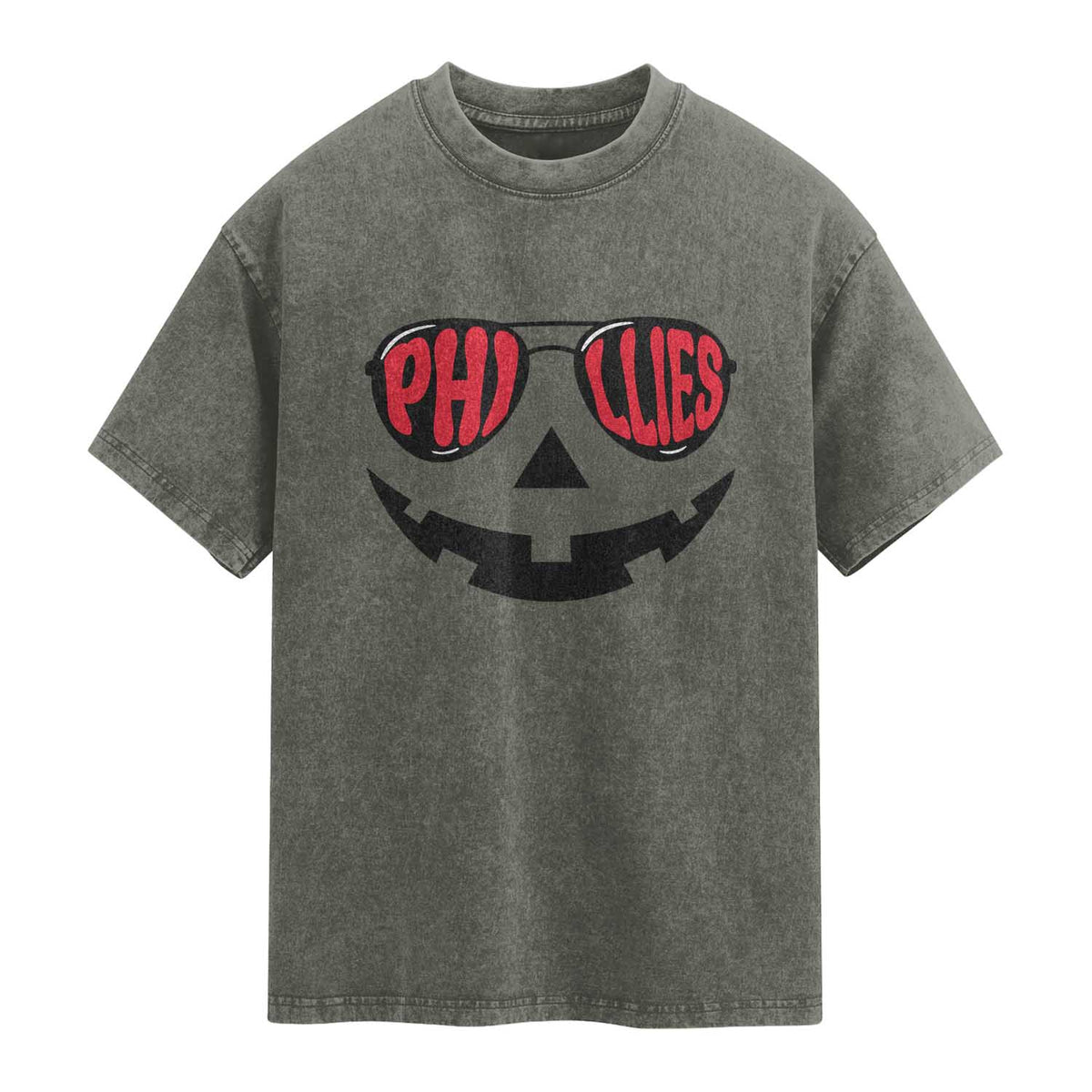 Halloween Philly Washed Cotton T-Shirt Philadelphia Baseball Red October Jackolantern Pumpkin Face