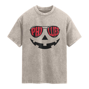 Halloween Philly Washed Cotton T-Shirt Philadelphia Baseball Red October Jackolantern Pumpkin Face