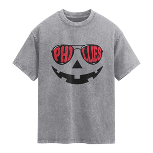 Halloween Philly Washed Cotton T-Shirt Philadelphia Baseball Red October Jackolantern Pumpkin Face