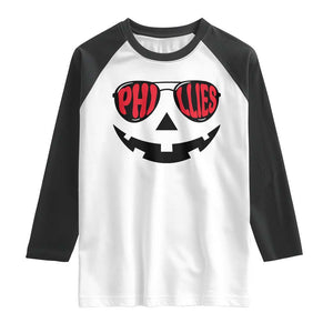Halloween Phillies Raglan Shirt Philadelphia Baseball Red October Jackolantern Pumpkin Face TS10 White Black Print Your Wear