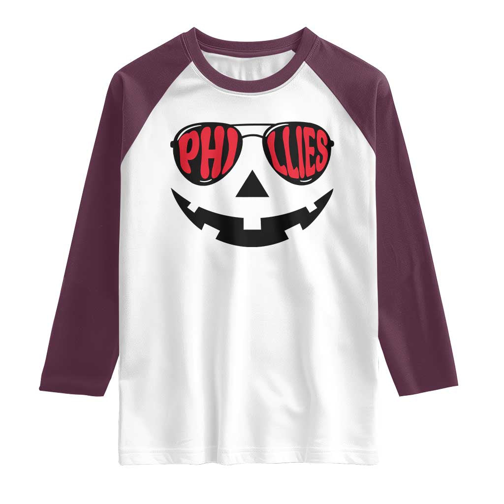Halloween Philly Raglan Shirt Philadelphia Baseball Red October Jackolantern Pumpkin Face TS10 White Maroon Print Your Wear