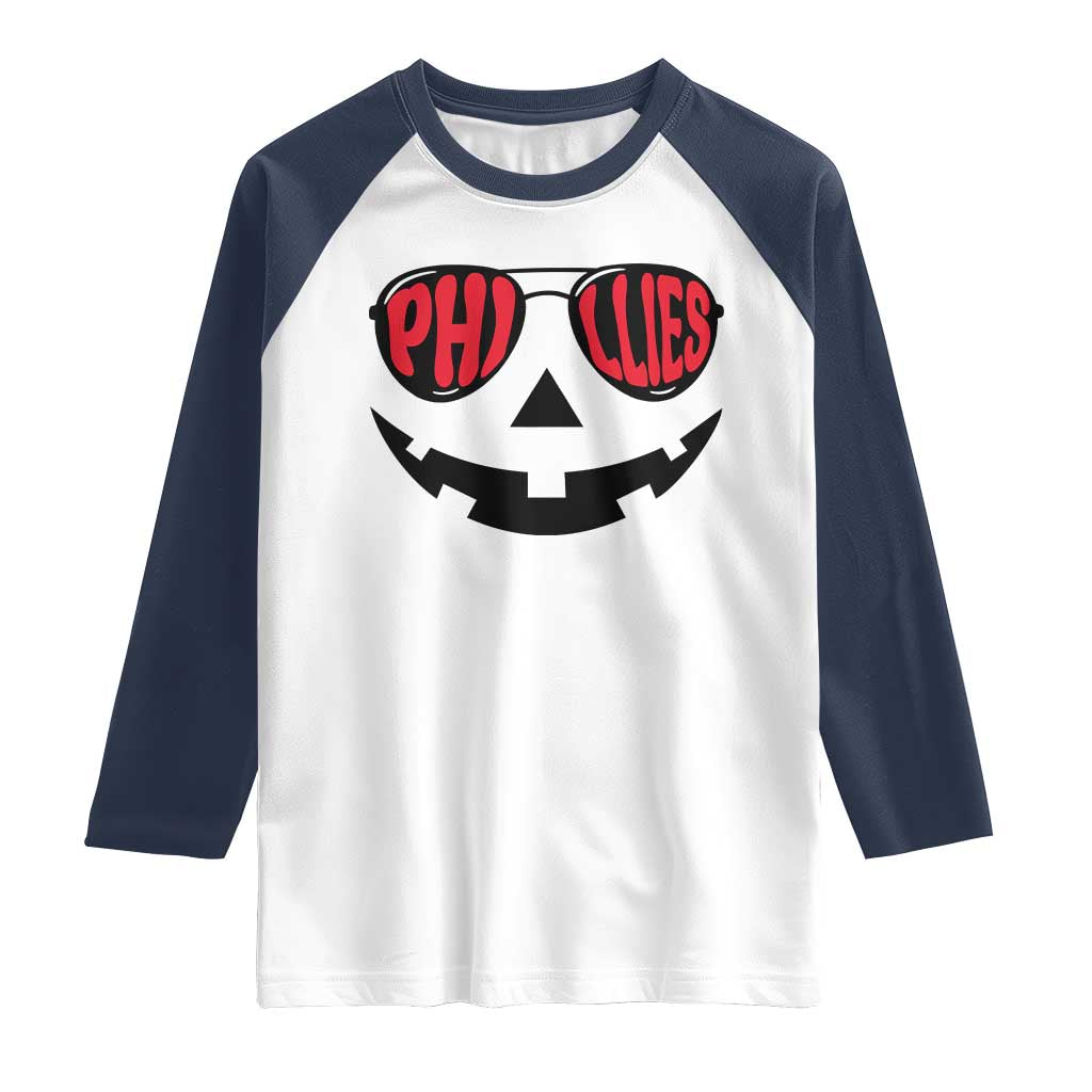 Halloween Philly Raglan Shirt Philadelphia Baseball Red October Jackolantern Pumpkin Face TS10 White Navy Print Your Wear