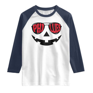 Halloween Phillies Raglan Shirt Philadelphia Baseball Red October Jackolantern Pumpkin Face TS10 White Navy Print Your Wear