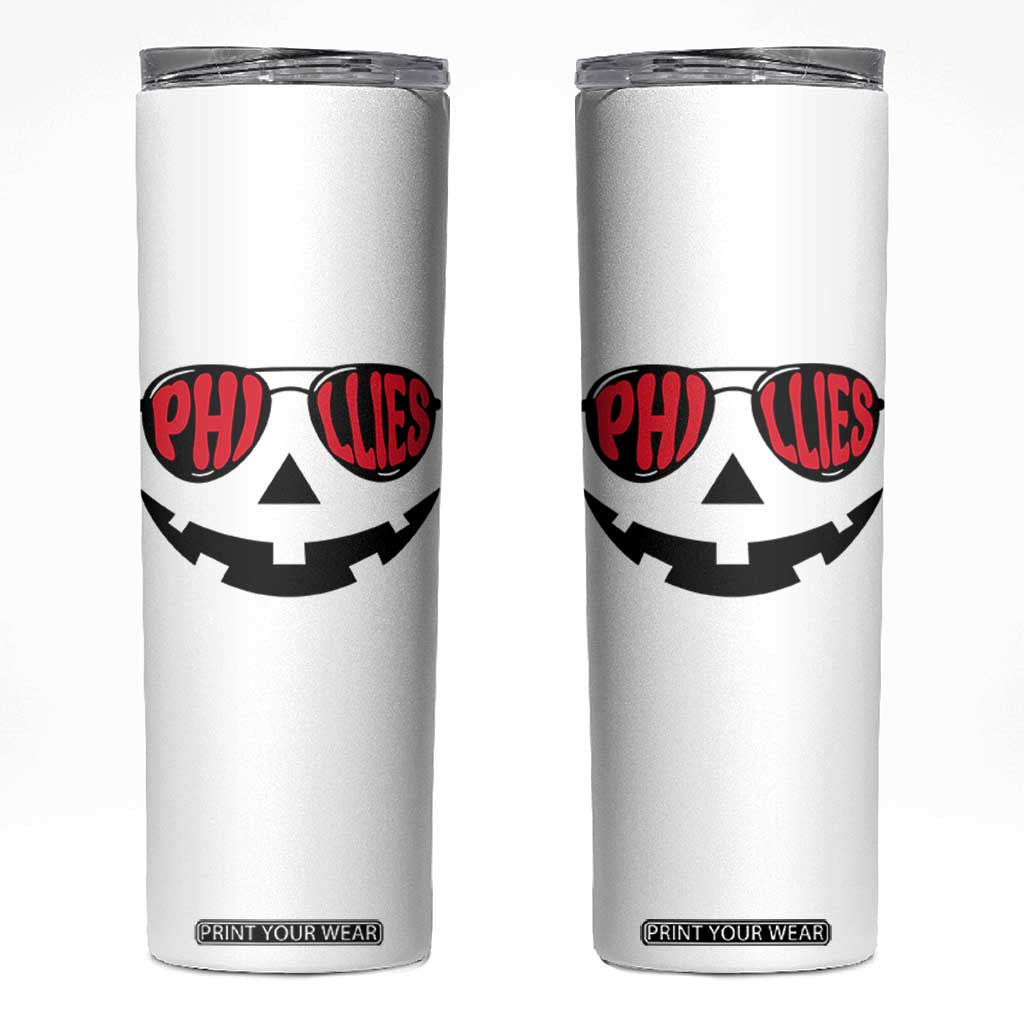 Halloween Phillies Skinny Tumbler Philadelphia Baseball Red October Jackolantern Pumpkin Face TS10 White Print Your Wear