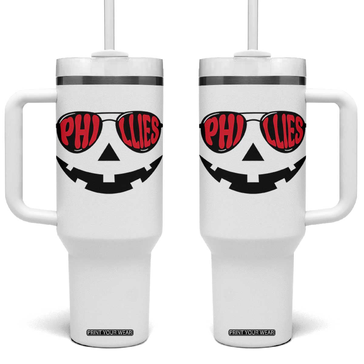 Halloween Phillies Tumbler With Handle Philadelphia Baseball Red October Jackolantern Pumpkin Face TS10 One Size: 40 oz White Print Your Wear