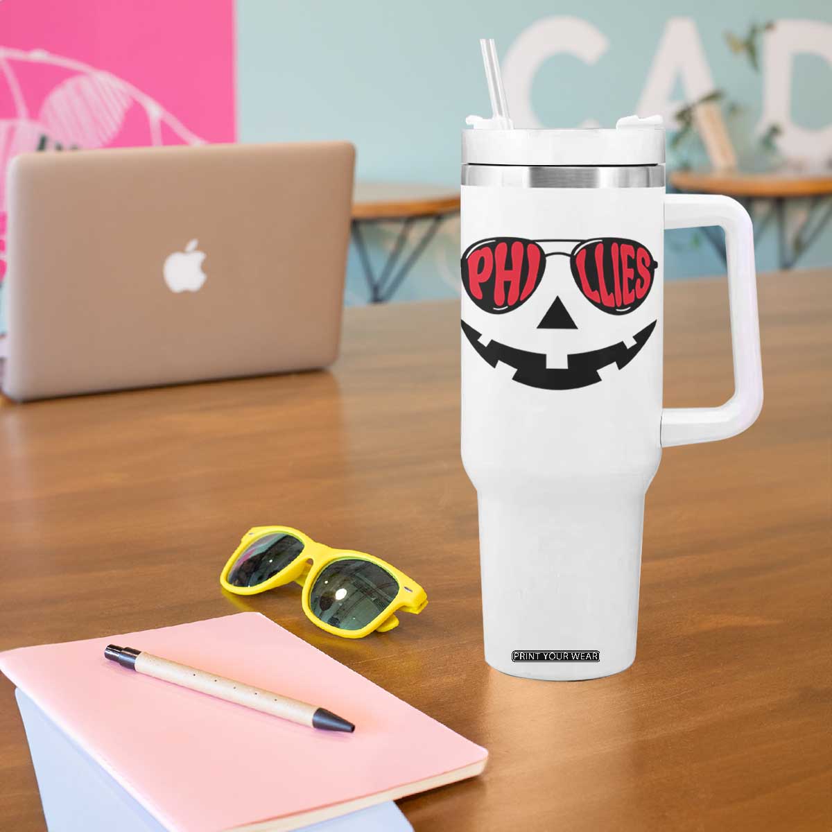 Halloween Philly Tumbler With Handle Philadelphia Baseball Red October Jackolantern Pumpkin Face TS10 Print Your Wear