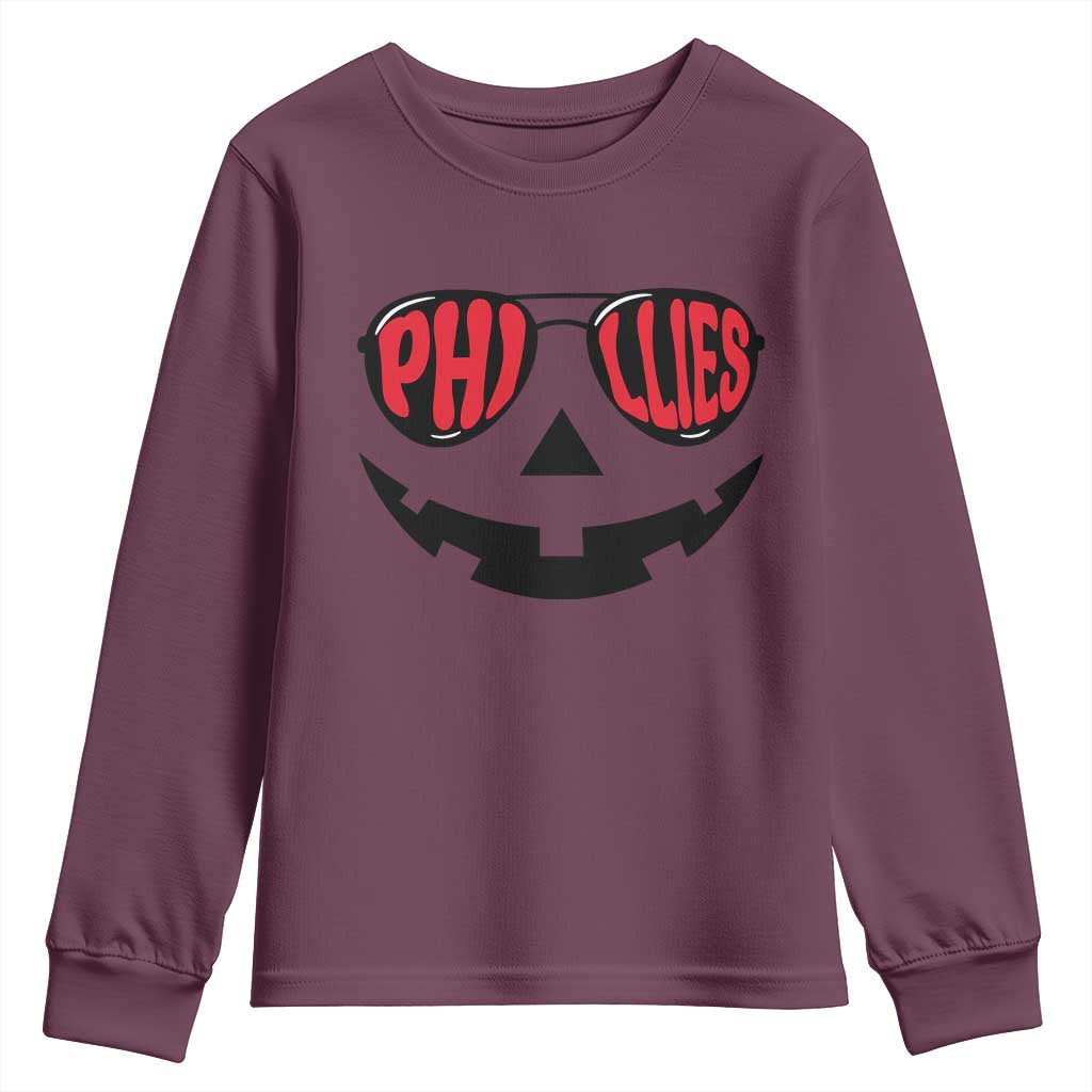 Halloween Philly Youth Sweatshirt Philadelphia Baseball Red October Jackolantern Pumpkin Face TS10 Maroon Print Your Wear